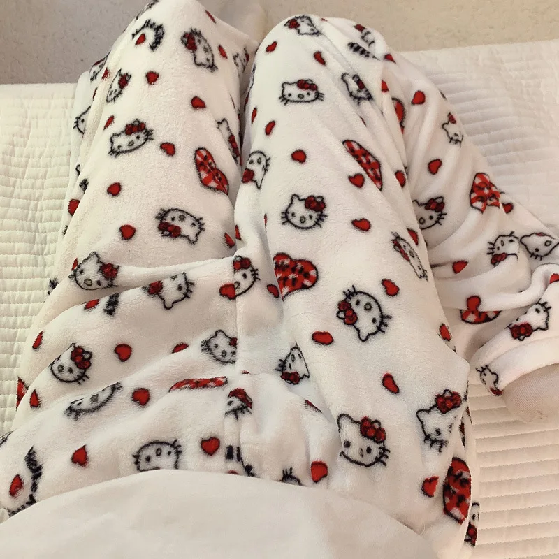 Sanrios Hello Kittys Plush Pajama Pants Woman New Kawaii Anime Cartoon Flannel Autumn Winter Girl Keep Warm Trousers Home Pants