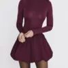 Mozision Turtleneck Long Sleeve Sexy Mini Dress For Women Robe Fashion Burgundy Patchwork High Waist A-line Club Pleated Dress