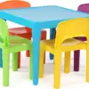 Crew, Blue Table & Red/Green/Yellow/Purple Kids Lightweight Plastic Table and 4 Chairs Set, Square