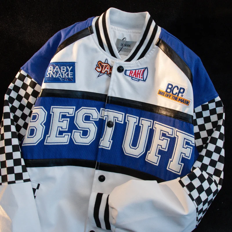 Kkyesiou American retro PU leather motorcycle jacket men's and women's Klein Blue contrast checkerboard BF Baseball Jacket 2022