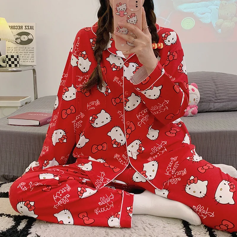 Sanrio Hello Kitty Kawaii Leisure Wear Exquisite Pajamas Cartoon Long Sleeves Trousers Soft Comfortable A Holiday Gift for Girls