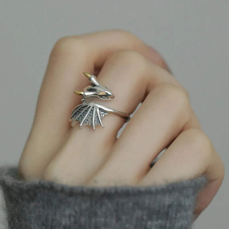 PANJBJ 925 Silve Wing Dragon Punk Ring for Women Girl Party Gift Retro Hiphop Fashion Jewelry Dropshipping