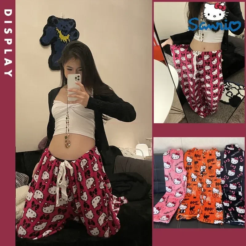 Sanrio Christmas Hello Kitty Pajamas Halloween Flannel Fashion Trouserswomen Kawaii Woolen Anime Cartoon Casual Home Pant Autumn