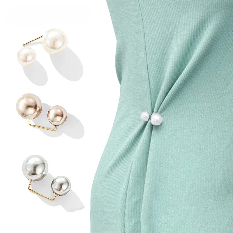 4Pcs/set Women Fashion Tightening Waistband Pin Double Pearl Brooches Metal Lapel Pin Brooch Pins Sweater Shirt Cardigan Brooch