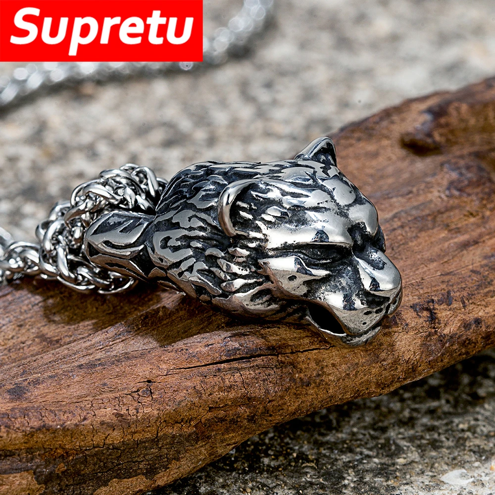 Punk Hip Hop Leopard Head Necklace Men Antique Stainless Steel Animal Amulet Vintage Norse Panther Pendant Scandinavian Jewelry
