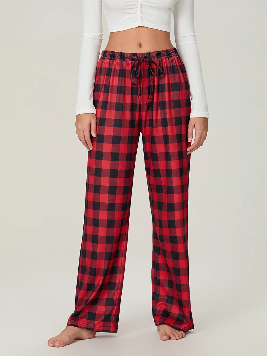 Women Red Plaid Pajama Bottoms with Pockets Drawstring Sleepwear Pants Loose Stretch Home Lounge Sleepwear Nightwear Trousers