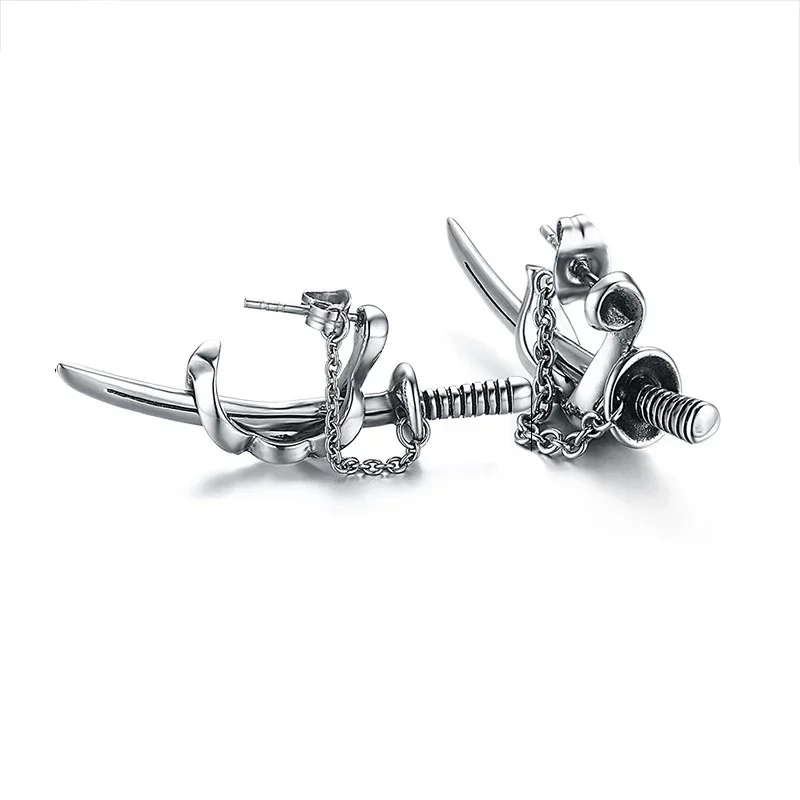 New Fashion Samurai Scimitar Sword Stud Earrings For Men Vintage Stainless Steel Katana Ear Piercing Punk Jewelry