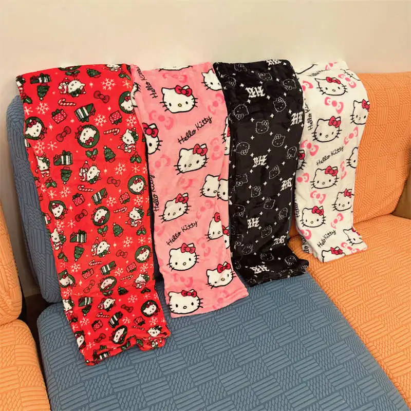 Sanrio Anime Hello Kitty Pajama Pants Fleece Double Elastic Fabric Soft Trousers New Women Trousers Kawaii Cartoon Birthday Gift