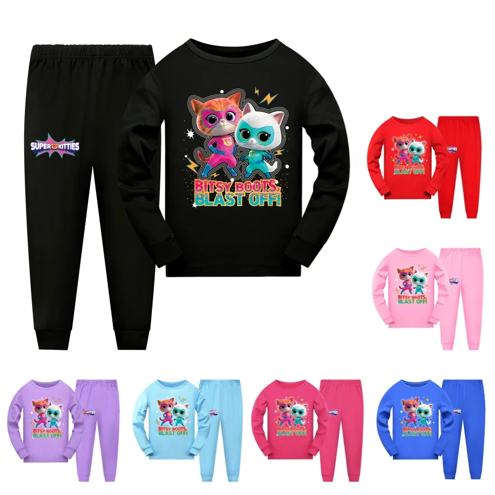 Super Kitties Sleepwear for Kids Cotton Pajamas New Cartoon Boy Girl Clothing Sets Tops+Pants Sets Teens Pyjamas Children Pijama