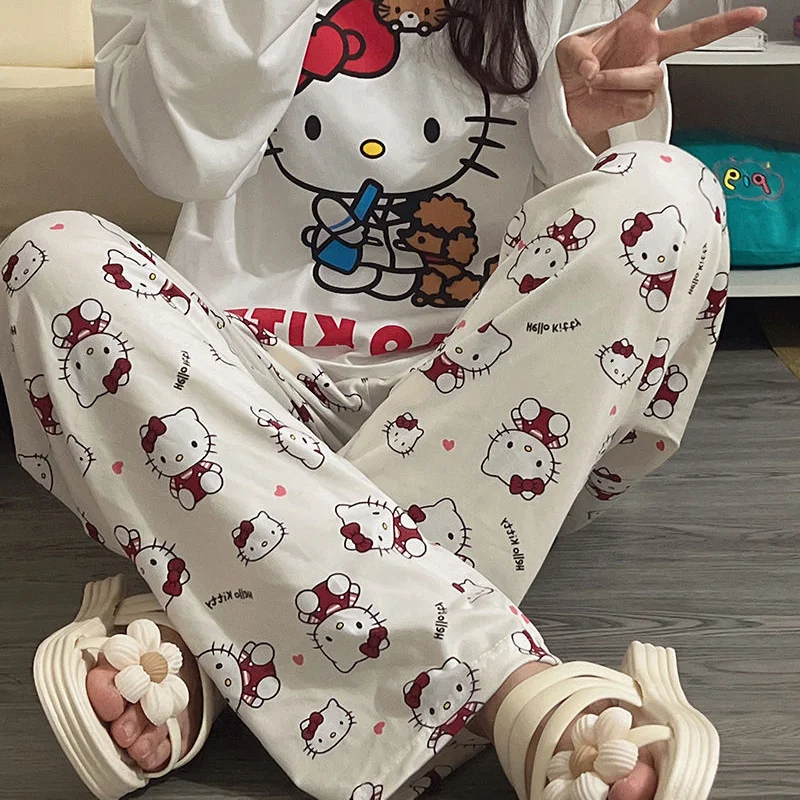Sanrio Series Hello Kitty Pajamas Anime Ladies White Cartoon Casual Family Cute Print Loose Fall Girls Pants Christmas Gift