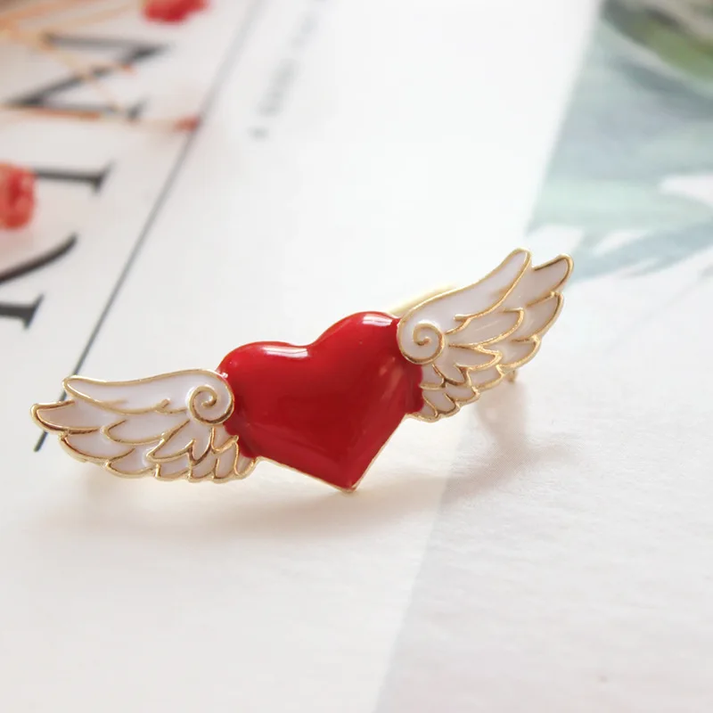 Women Girls Metal Alloy Enemal Card Capter Sakura Badges White Angel Wing Red Heart Pin Brooches For Coat Clothing On Backpack