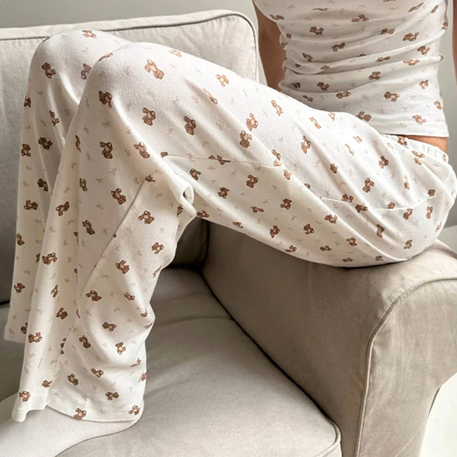 Women 2000s Aesthetic Loungewear Pants y2k Cute Striped/Bear Print Elastic Waistband Loose Casual Pajama Trousers Homewear