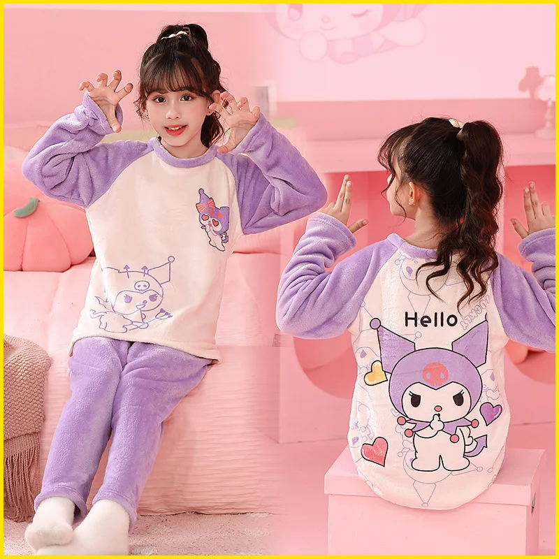 Children's Sanrio Hello Kitty flannel pajamas Kuromi winter plus velvet pajamas boys and girls warm Cinnamoroll Pochacco pajamas