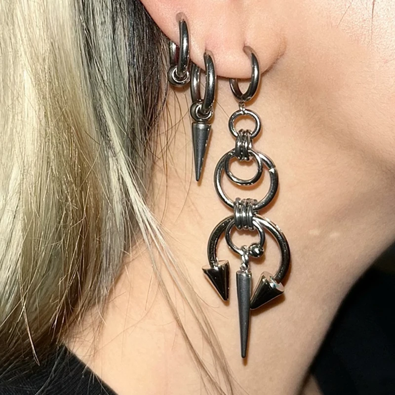 Grunge Rock Jewelry Chains Stitched Rivet Earrings for Women Korean Fashion Goth Earrings Charms Punk Accessories