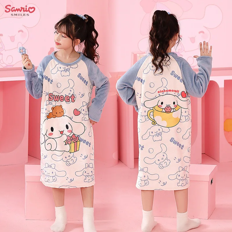 Sanrio Hello Kitty Kuromi Children's Pajamas Cinnamoroll My Melody Autumn Winter Flannel Anime Kids Robe Long Sleeved Girls Boys