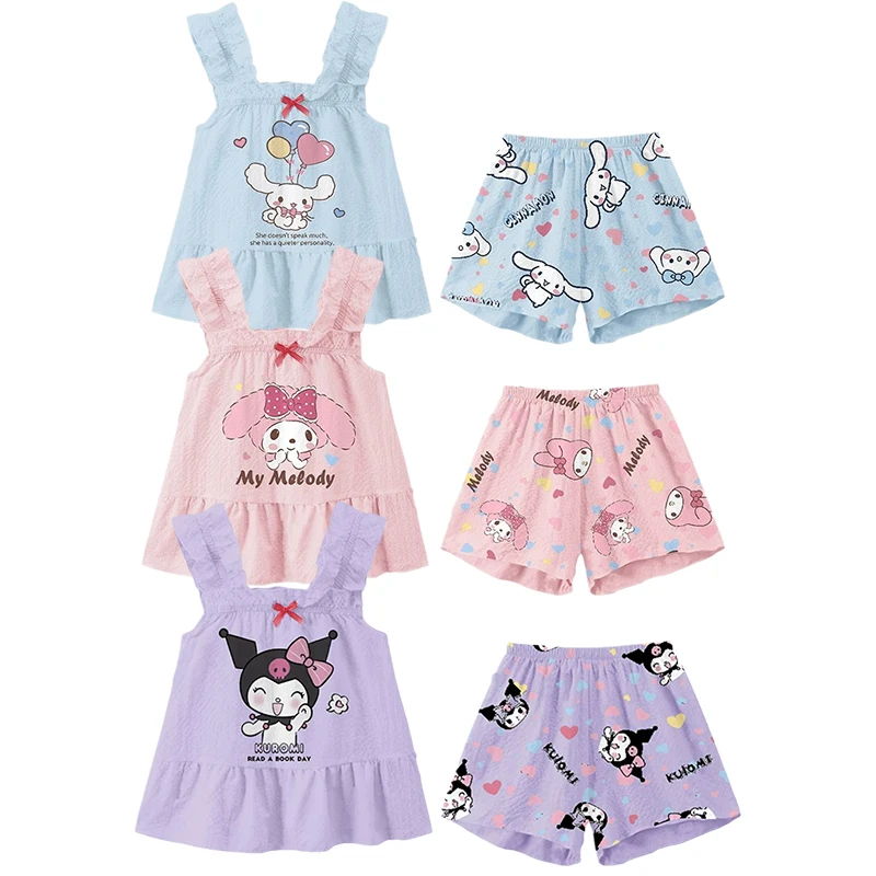 Mymelody Pajamas Summer Sling Home Suit Baby Tank Top Shorts Cartoon Kuromi Cinnamorol Close Fitting Comfort Children's Clothing