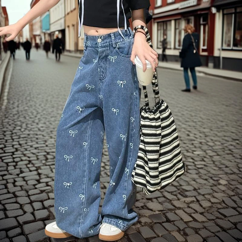 School Girl Jeans Bow Print Teen Children Wide-leg Pants 2025 Spring Elastic Waist Fashion Casual Loose Daily Straight Trousers
