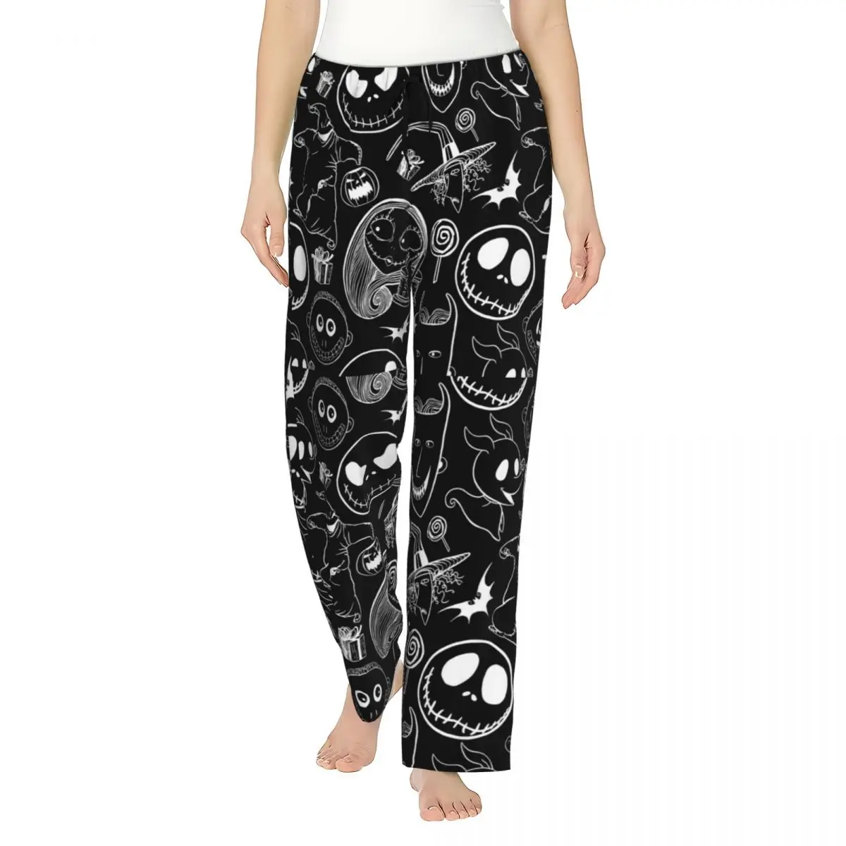 Custom Tim Burton Skull Pajama Pants Womens Nightmare Before Christmas Sleepwear Lounge Sleep Bottoms Stretch with Pockets