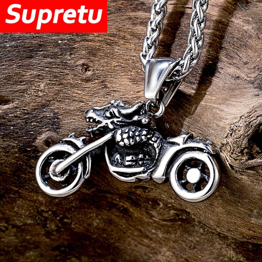 Retro Gothic Motorcycle Necklace Stainless Steel Cool Rock Soul Chariot Pendant Men Punk Skull Knight Amulet Charm Jewelry Gifts