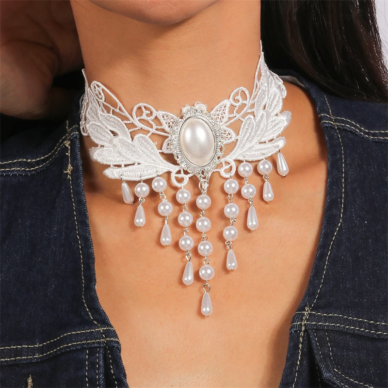 Gothic Lace Necklace Boho Big Pearl Tassel Sexy Lace Chokers Necklace Women Girl Wedding Party Jewelry Gifts