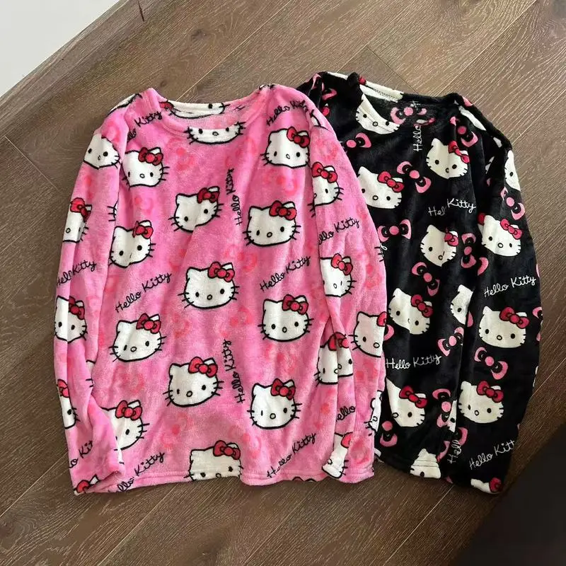 Hello Kitty Y2k Kawaii Flannel Pajamas Women'S Warm Woolen Cartoon Casual Home Jacket Fall Winter Thermal Underwear Loungewear