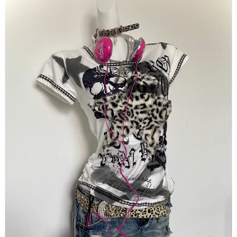 White T Shirts Women Summer 2024 Stars Leopard Print Patchwork Short Sleeve Top Y2k 2000s Sweet Cool Punk Subculture Tees