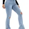2023 Winter New Women's High Waist Ripped Leg Slit Jeans Fashion Slim Fit Stretch Denim Straight Legs Casual Trousers S-2XL