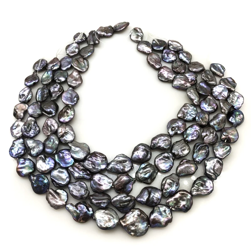 16 inches 15-18mm Black Natural Flat Baroque Seed Shaped Coin Pearl Loose Strand