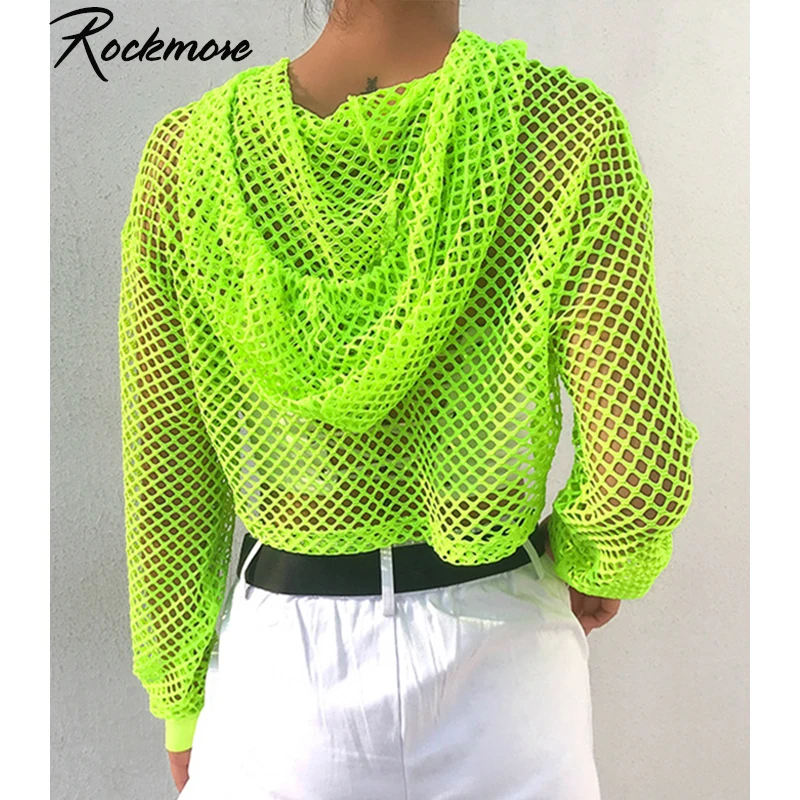 Rockmore Hooded Hoodie Tshirt Ladies Neon Green Shirts Women oversized Long Sleeve Crop Top Transparent Mesh T-Shirt Streetwear
