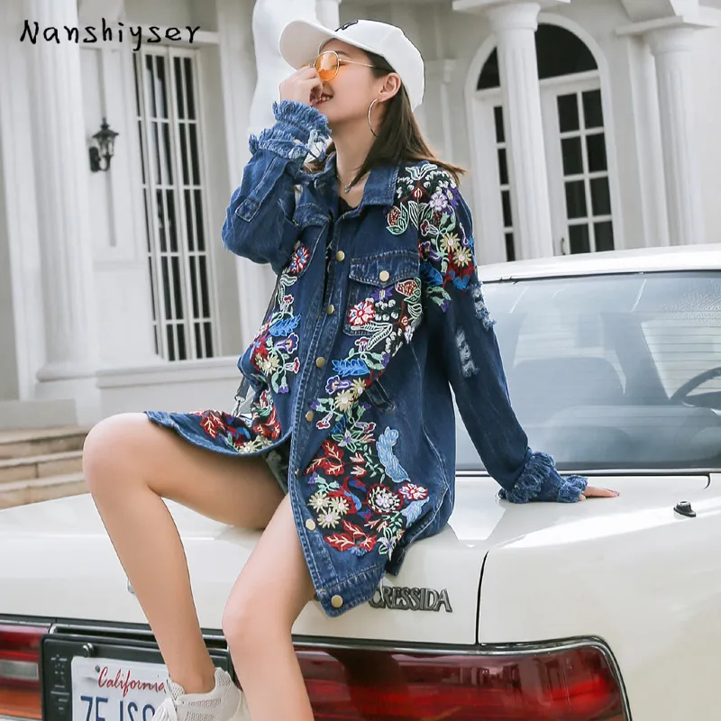 2025 Autumn New Loose Vintage Flower Embroidered Denim Jacket Women Single-breasted Casual Raw Fringe Hole Jeans Jackets Female