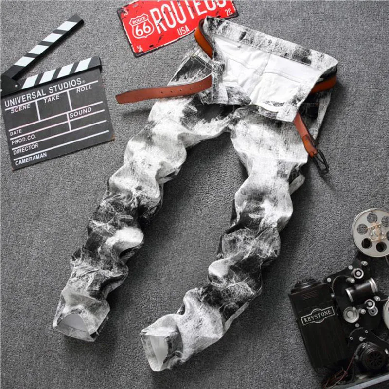 New Fashion Mens Cotton Jeans Slim White Printed Jeans Men Trousers Casual Male Punk Style DJ Club Denim Pants Vaqueros Hombre