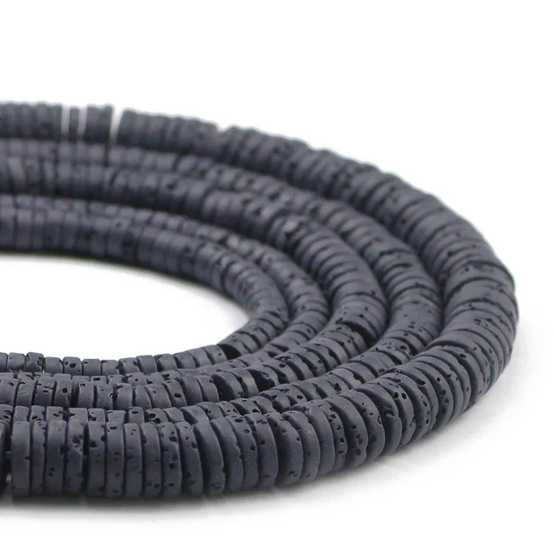 Natural Black Volcanic Lava Stone Beads 4 6 8mm Flat Round Rock Loose Spacer Beadsfor Jewelry Making DIY Bracelets Necklace15''