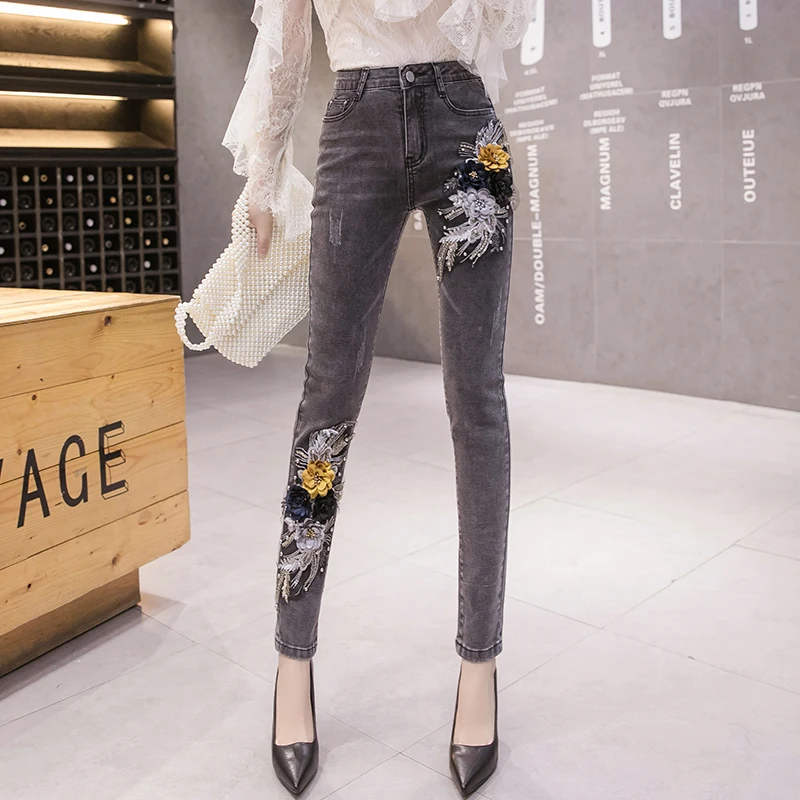 Stretchy Fashion Women Jeans Pearls 3D Flower Embroidery Skinny Ripped Jeans Woman Skinny Pants High Waist Mom Jeans Mujer