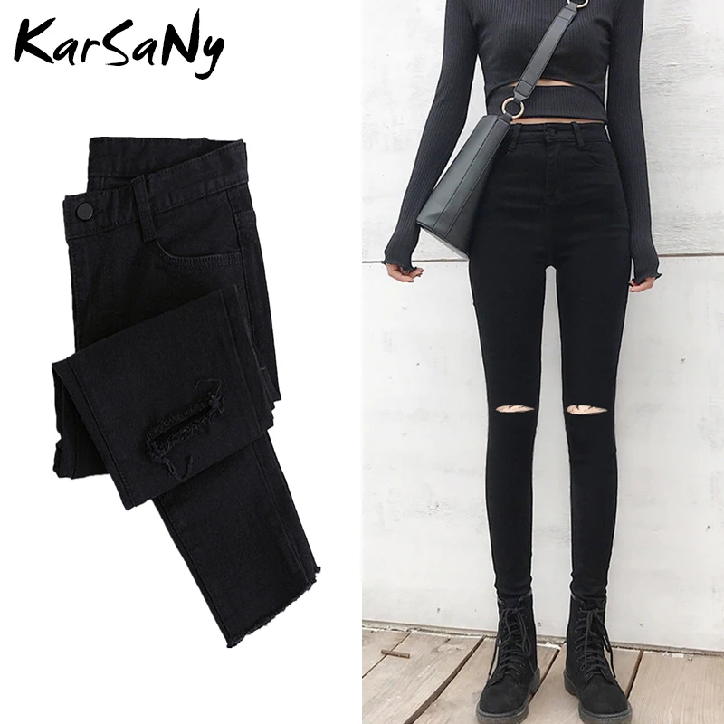 Skinny Ripped Jeans For Women 2020 Stretch High Waist Black Jeans With Holes Destroyed Women Denim Pants With Holes Summer Jean
