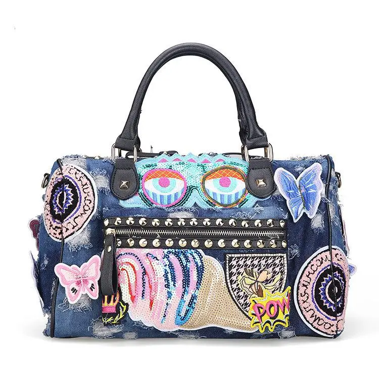 Rock Style Fashion Totes Women Denim Handbags Casual Shoulder Bags Vintage Demin Blue Top Handle Bags Bolsa Large Travel Bags