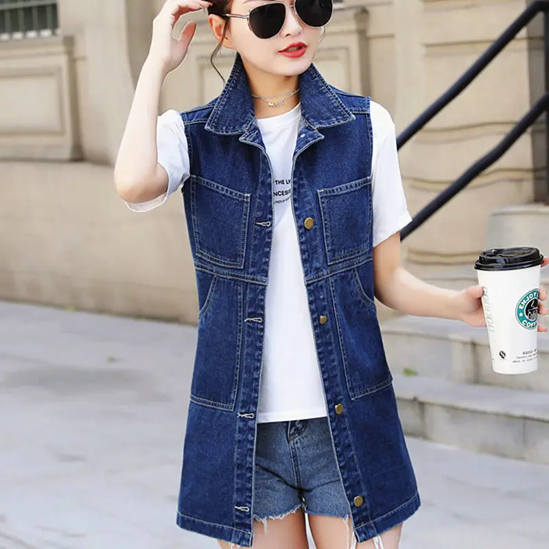 2025 Autumn New Women Long Denim Vest Coat 6XL Korean Tassel Ripped Jeans Jacket Waistcoat Female Casual Sleeveless Outwear