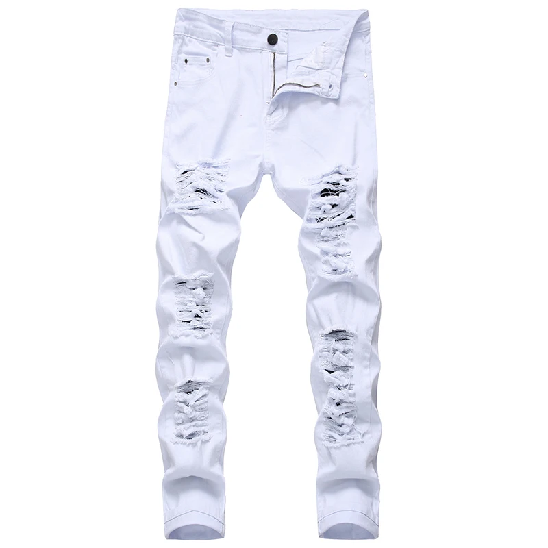Mens Straight Hole Ripped Jeans Distressed  Denim Trousers Men Jeans Fashion Casual Designer Brand White Black Red Cotton Pants