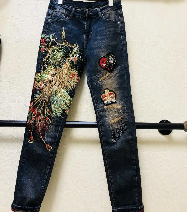 Women's Korean Fashion High Waist Phoenix Embroidery Jeans Female Sexy Jeans Plus Size slim Denim Pants