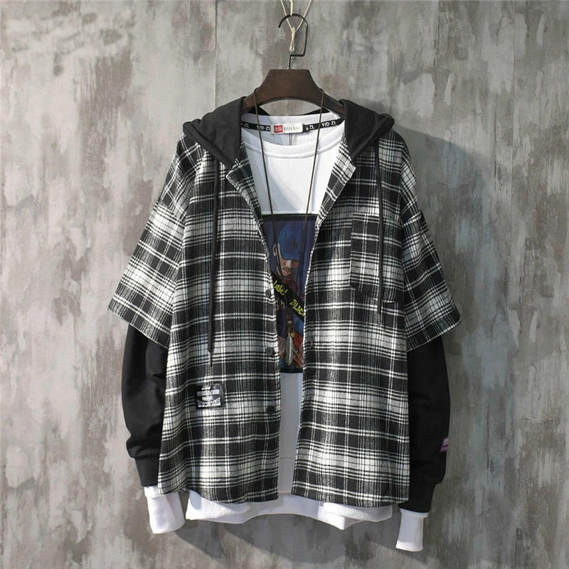2024 New Fashion Autumn Hooded Collar Plaid Stitching Sweatshirt Men Japanese Tide Drawstring Loose Casual Hoodies