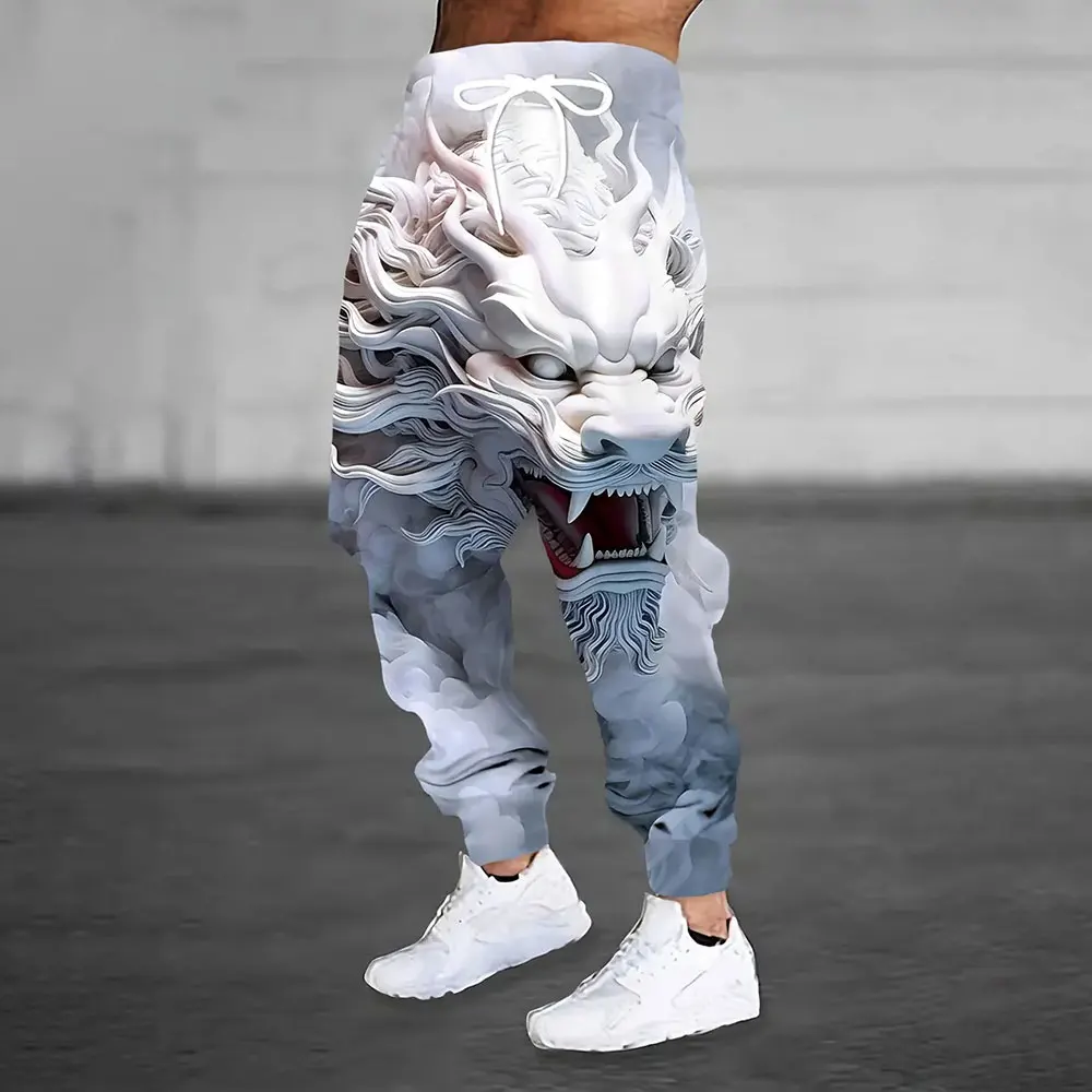 Men's Large Size Loose Pocket Draw Rope Sports Sweatpants Winter New Thick Warm Sweatpants Fashion Dragon Print Sweatpants