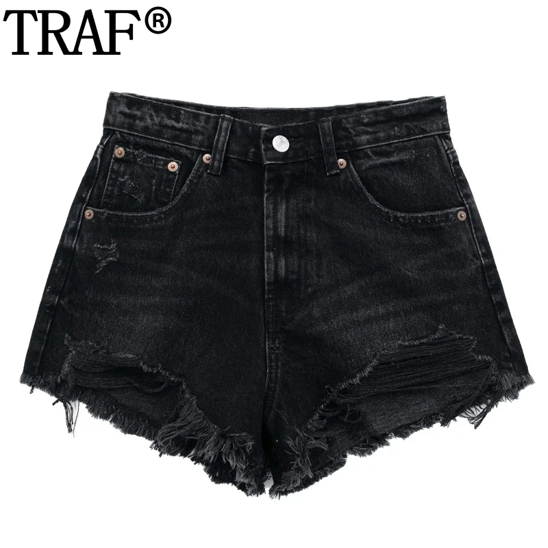 TRAF Black Denim Shorts Women High Waist Blue Jeans Shorts For Woman Streetwear Ripped Hot Summer Clothes Fashion Women's Shorts