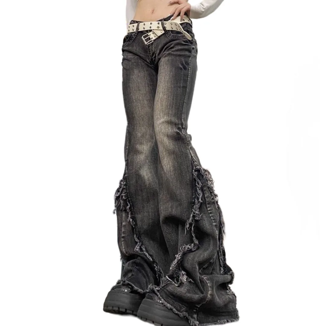 Flared Floor Pant Jeans Bell Denim Slimming Wide Leg Spicy Girl frayed edges Retro Vibe fringed Tight Woman Autumn Winter