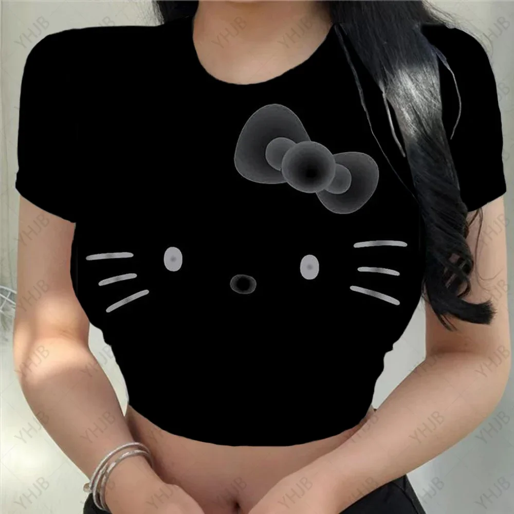 Women's Y2K Sexy Slim Short SleeveRound Neck Crop Top Hello Kitty print CropTee Cool Street Fashion Women Clothing