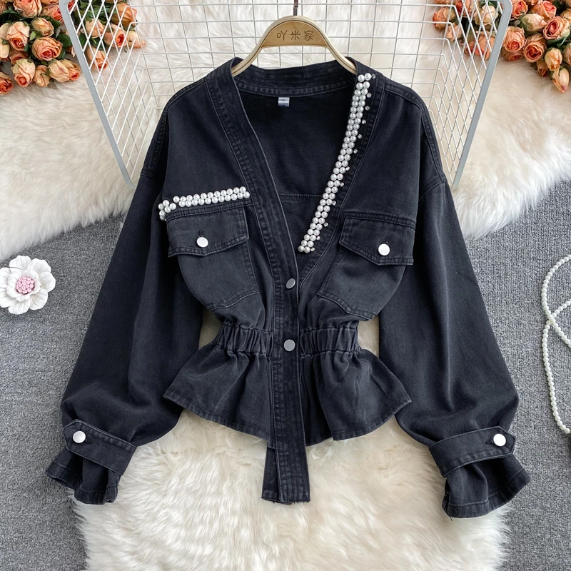 Vintage Pearl Beaded Black Denim Outerwear Women Autumn Elastic Waist V-neck Long Sleeve Korean Irregular Hem Short Jeans Jacket