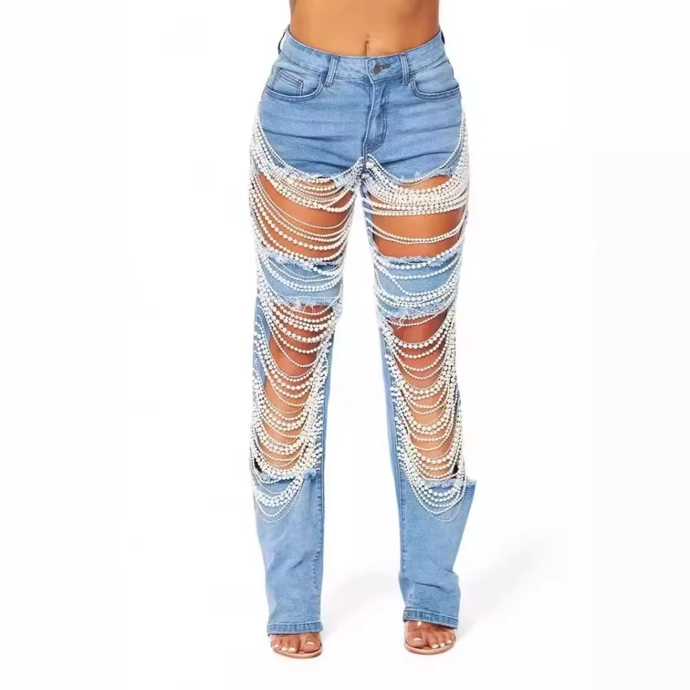 Big Hole Denim Women 2024 Bead Chain Straight Pants Beading Ripped Jeans for Women Black Pockets Jeans Elastic Slim Jean Female