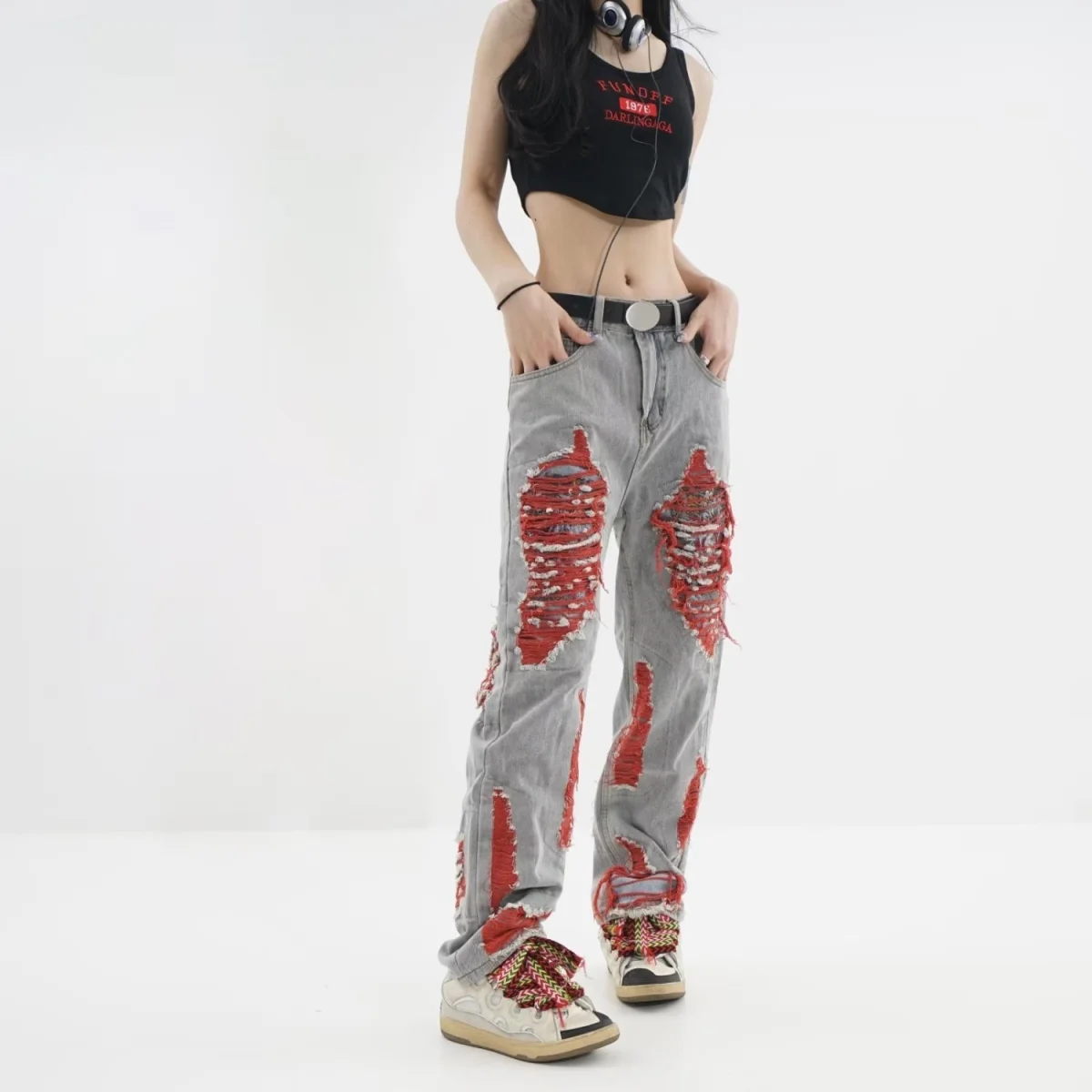 Retro Y2k Baggy Pants red Ripped Jeans Women Streetwear High Waist Gradient Color Fashion Casual Mopping Trousers y2k jeans