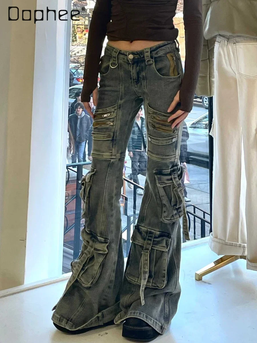 American Retro Washed Do Old Denim Pants Women's Heavy Industry Multi Pocket Low Waist Boot Cut Pants Street Cargo Pants