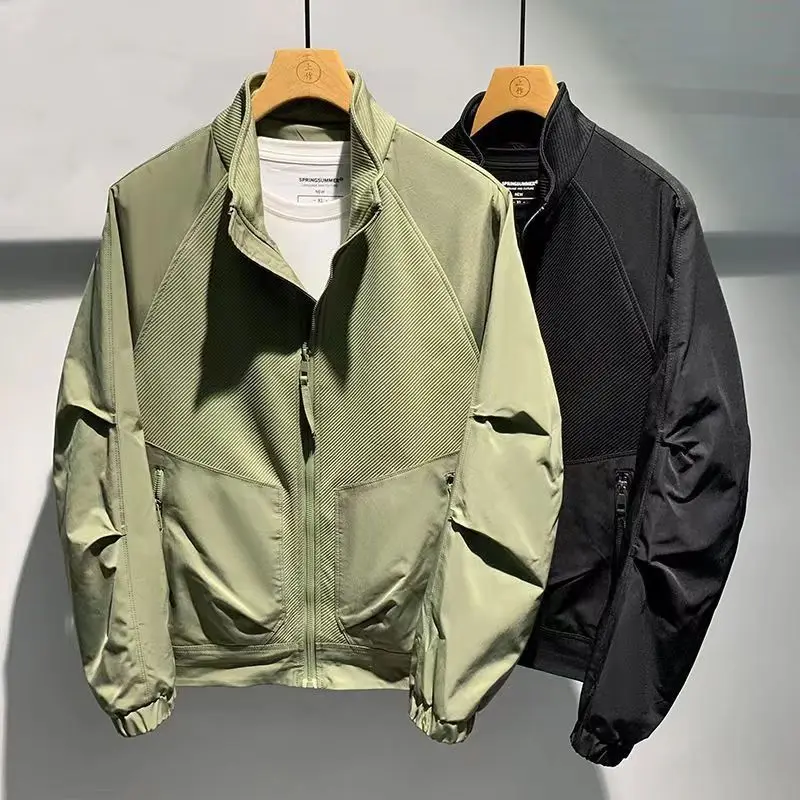 Men's Clothing Spring Autumn Trendy Stand Collar Patchwork Zipper Cargo Jackets Male Simple Casual Solid Long Sleeve Loose Coats