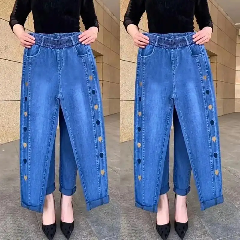 Women's High Elastic Jeans Heart Pattern Embroidered Jeans Summer Oversized Women Slim High Waisted Jeans