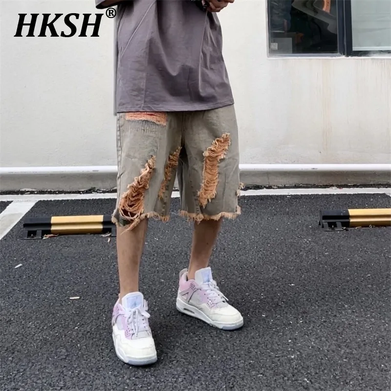 HKSH Summer High Street Beggar Jeans Patchwork Loose Half Length Denim Pants Frayed Ripped Chic Holes Streetwear Shorts
